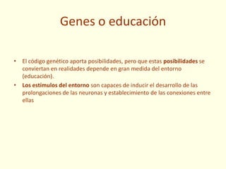 Genes o educación
• El código genético aporta posibilidades, pero que estas posibilidades se
conviertan en realidades depende en gran medida del entorno
(educación).
• Los estímulos del entorno son capaces de inducir el desarrollo de las
prolongaciones de las neuronas y establecimiento de las conexiones entre
ellas
 