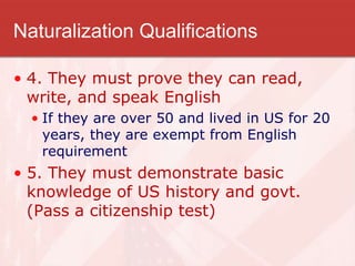 Naturalization Qualifications
• 4. They must prove they can read,
write, and speak English
• If they are over 50 and lived in US for 20
years, they are exempt from English
requirement
• 5. They must demonstrate basic
knowledge of US history and govt.
(Pass a citizenship test)
 