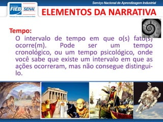 Tempo:
O intervalo de tempo em que o(s) fato(s)
ocorre(m). Pode ser um tempo
cronológico, ou um tempo psicológico, onde
você sabe que existe um intervalo em que as
ações ocorreram, mas não consegue distingui-
lo.
ELEMENTOS DA NARRATIVA
 
