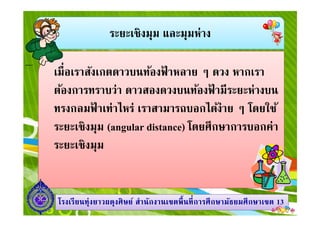 ระยะเชิงมุม และมุมห่าง
เมือเราสังเกตดาวบนท้องฟ้ าหลาย ๆ ดวง หากเรา
ต้องการทราบว่า ดาวสองดวงบนท้องฟ้ ามีระยะห่างบน
ทรงกลมฟ้ าเท่าไหร่ เราสามารถบอกได้ง่าย ๆ โดยใช้
1313โรงเรียนทุ่งยาวผดุงศิษย์ สํานักงานเขตพืนทีการศึกษามัธยมศึกษาโรงเรียนทุ่งยาวผดุงศิษย์ สํานักงานเขตพืนทีการศึกษามัธยมศึกษาเขตเขต 1313
ทรงกลมฟ้ าเท่าไหร่ เราสามารถบอกได้ง่าย ๆ โดยใช้
ระยะเชิงมุม (angular distance) โดยศึกษาการบอกค่า
ระยะเชิงมุม
 