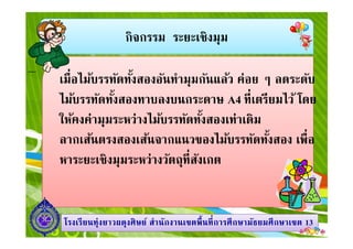 กิจกรรม ระยะเชิงมุม
เมือไม้บรรทัดทังสองอันทํามุมกันแล้ว ค่อย ๆ ลดระดับ
ไม้บรรทัดทังสองทาบลงบนกระดาษ A4 ทีเตรียมไว้ โดย
ให้คงค่ามุมระหว่างไม้บรรทัดทังสองเท่าเดิม
1313โรงเรียนทุ่งยาวผดุงศิษย์ สํานักงานเขตพืนทีการศึกษามัธยมศึกษาโรงเรียนทุ่งยาวผดุงศิษย์ สํานักงานเขตพืนทีการศึกษามัธยมศึกษาเขตเขต 1313
ให้คงค่ามุมระหว่างไม้บรรทัดทังสองเท่าเดิม
ลากเส้นตรงสองเส้นจากแนวของไม้บรรทัดทังสอง เพือ
หาระยะเชิงมุมระหว่างวัตถุทีสังเกต
 