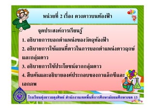 หน่วยที 2 เรือง ดวงดาวบนท้องฟ้ า
จุดประสงค์การเรียนรู้
1. อธิบายการบอกตําแหน่งของวัตถุท้องฟ้ า
2. อธิบายการใช้แผนทีดาวในการบอกตําแหน่งดาวฤกษ์
และกลุ่มดาว
1313โรงเรียนทุ่งยาวผดุงศิษย์ สํานักงานเขตพืนทีการศึกษามัธยมศึกษาโรงเรียนทุ่งยาวผดุงศิษย์ สํานักงานเขตพืนทีการศึกษามัธยมศึกษาเขตเขต 1313
และกลุ่มดาว
3. อธิบายการใช้ประโยชน์จากกลุ่มดาว
4. สืบค้นและอธิบายองค์ประกอบของกาแล็กซีและ
เอกภพ
 
