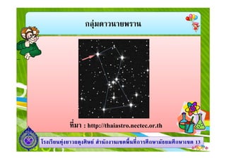 กลุ่มดาวนายพราน
1313โรงเรียนทุ่งยาวผดุงศิษย์ สํานักงานเขตพืนทีการศึกษามัธยมศึกษาโรงเรียนทุ่งยาวผดุงศิษย์ สํานักงานเขตพืนทีการศึกษามัธยมศึกษาเขตเขต 1313
ทีมา : http://thaiastro.nectec.or.th
 