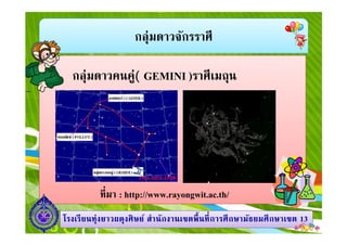 กลุ่มดาวจักรราศี
กลุ่มดาวคนคู่( GEMINI )ราศีเมถุน
1313โรงเรียนทุ่งยาวผดุงศิษย์ สํานักงานเขตพืนทีการศึกษามัธยมศึกษาโรงเรียนทุ่งยาวผดุงศิษย์ สํานักงานเขตพืนทีการศึกษามัธยมศึกษาเขตเขต 1313
ทีมา : http://www.rayongwit.ac.th/
 