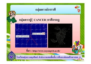 กลุ่มดาวจักรราศี
กลุ่มดาวปู( CANCER )ราศีกรกฎ
1313โรงเรียนทุ่งยาวผดุงศิษย์ สํานักงานเขตพืนทีการศึกษามัธยมศึกษาโรงเรียนทุ่งยาวผดุงศิษย์ สํานักงานเขตพืนทีการศึกษามัธยมศึกษาเขตเขต 1313
ทีมา : http://www.rayongwit.ac.th/
 