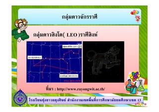 กลุ่มดาวจักรราศี
กลุ่มดาวสิงโต( LEO )ราศีสิงห์
1313โรงเรียนทุ่งยาวผดุงศิษย์ สํานักงานเขตพืนทีการศึกษามัธยมศึกษาโรงเรียนทุ่งยาวผดุงศิษย์ สํานักงานเขตพืนทีการศึกษามัธยมศึกษาเขตเขต 1313
ทีมา : http://www.rayongwit.ac.th/
 