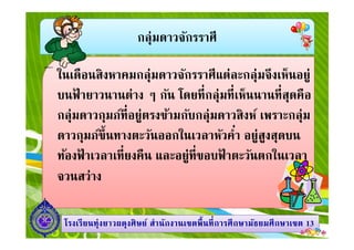กลุ่มดาวจักรราศี
ในเดือนสิงหาคมกลุ่มดาวจักรราศีแต่ละกลุ่มจึงเห็นอยู่
บนฟ้ ายาวนานต่าง ๆ กัน โดยทีกลุ่มทีเห็นนานทีสุดคือ
กลุ่มดาวกุมภ์ทีอยู่ตรงข้ามกับกลุ่มดาวสิงห์ เพราะกลุ่ม
ดาวกุมภ์ขึนทางตะวันออกในเวลาหัวคํา อยู่สูงสุดบน
1313โรงเรียนทุ่งยาวผดุงศิษย์ สํานักงานเขตพืนทีการศึกษามัธยมศึกษาโรงเรียนทุ่งยาวผดุงศิษย์ สํานักงานเขตพืนทีการศึกษามัธยมศึกษาเขตเขต 1313
กลุ่มดาวกุมภ์ทีอยู่ตรงข้ามกับกลุ่มดาวสิงห์ เพราะกลุ่ม
ดาวกุมภ์ขึนทางตะวันออกในเวลาหัวคํา อยู่สูงสุดบน
ท้องฟ้ าเวลาเทียงคืน และอยู่ทีขอบฟ้ าตะวันตกในเวลา
จวนสว่าง
 