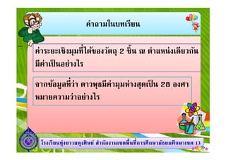 คําถามในบทเรียน
ค่าระยะเชิงมุมทีได้ของวัตถุ 2 ชิน ณ ตําแหน่งเดียวกัน
มีค่าเป็ นอย่างไร
จากข้อมูลทีว่า ดาวพุธมีค่ามุมห่างสุดเป็ น 28 องศา
1313โรงเรียนทุ่งยาวผดุงศิษย์ สํานักงานเขตพืนทีการศึกษามัธยมศึกษาโรงเรียนทุ่งยาวผดุงศิษย์ สํานักงานเขตพืนทีการศึกษามัธยมศึกษาเขตเขต 1313
จากข้อมูลทีว่า ดาวพุธมีค่ามุมห่างสุดเป็ น 28 องศา
หมายความว่าอย่างไร
 