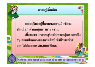 ความรู้เพิมเติม
ระบบสุริยะอยู่ทีแขนของกาแล็กซีทาง
ช้างเผือก ด้านกลุ่มดาวนายพราน
เมือมองจากระบบสุริยะไปทางกลุ่มดาวคนยิง
1313โรงเรียนทุ่งยาวผดุงศิษย์ สํานักงานเขตพืนทีการศึกษามัธยมศึกษาโรงเรียนทุ่งยาวผดุงศิษย์ สํานักงานเขตพืนทีการศึกษามัธยมศึกษาเขตเขต 1313
เมือมองจากระบบสุริยะไปทางกลุ่มดาวคนยิง
ธนู จะพบใจกลางของกาแล็กซี ซึงมีระยะห่าง
ออกไปประมาณ 30,000 ปี แสง
 