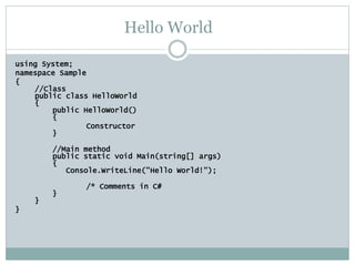 Hello World
using System;
namespace Sample
{
//Class
public class HelloWorld
{
public HelloWorld()
{
Constructor
}
//Main method
public static void Main(string[] args)
{
Console.WriteLine("Hello World!");
/* Comments in C#
}
}
}
 