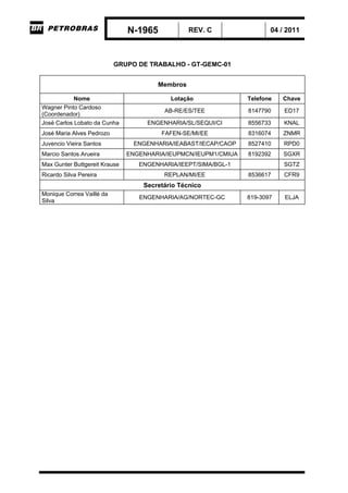 N-1965 REV. C 04 / 2011
GRUPO DE TRABALHO - GT-GEMC-01
Membros
Nome Lotação Telefone Chave
Wagner Pinto Cardoso
(Coordenador)
AB-RE/ES/TEE 8147790 ED17
José Carlos Lobato da Cunha ENGENHARIA/SL/SEQUI/CI 8556733 KNAL
José Maria Alves Pedrozo FAFEN-SE/MI/EE 8316074 ZNMR
Juvencio Vieira Santos ENGENHARIA/IEABAST/IECAP/CAOP 8527410 RPD0
Marcio Santos Arueira ENGENHARIA/IEUPMCN/IEUPM1/CMIUA 8192392 SGXR
Max Gunter Buttgereit Krause ENGENHARIA/IEEPT/SIMA/BGL-1 SGTZ
Ricardo Silva Pereira REPLAN/MI/EE 8536617 CFR9
Secretário Técnico
Monique Correa Vaillé da
Silva
ENGENHARIA/AG/NORTEC-GC 819-3097 ELJA
-CORPORATIVO-
 