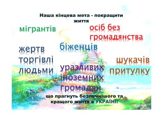 Наша кінцева мета - покращити
життя
шшшшукачівукачівукачівукачів
притулкупритулкупритулкупритулку
біженцівбіженцівбіженцівбіженців
оооосіб безсіб безсіб безсіб без
громадянствагромадянствагромадянствагромадянства
жжжжертвертвертвертв
торгівліторгівліторгівліторгівлі
людьмилюдьмилюдьмилюдьми ууууразливихразливихразливихразливих
іноземнихіноземнихіноземнихіноземних
громадянгромадянгромадянгромадян
що прагнуть безпечнішого та
кращого життя в УКРАЇНІ!
 