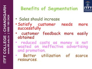 Benefits of Segmentation
• Sales should increase
• Satisfy customer needs more
successfully
• customer feedback more easily
obtained
• reduced costs as money is not
wasted on ineffective advertising
and promotion.
• Better utilization of scarce
resources.
 