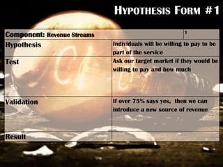 HYPOTHESIS FORM #1
Component: Revenue Streams 1
Hypothesis Individuals will be willing to pay to be
part of the service
Test Ask our target market if they would be
willing to pay and how much
Validation If over 75% says yes, then we can
introduce a new source of revenue
Result
 