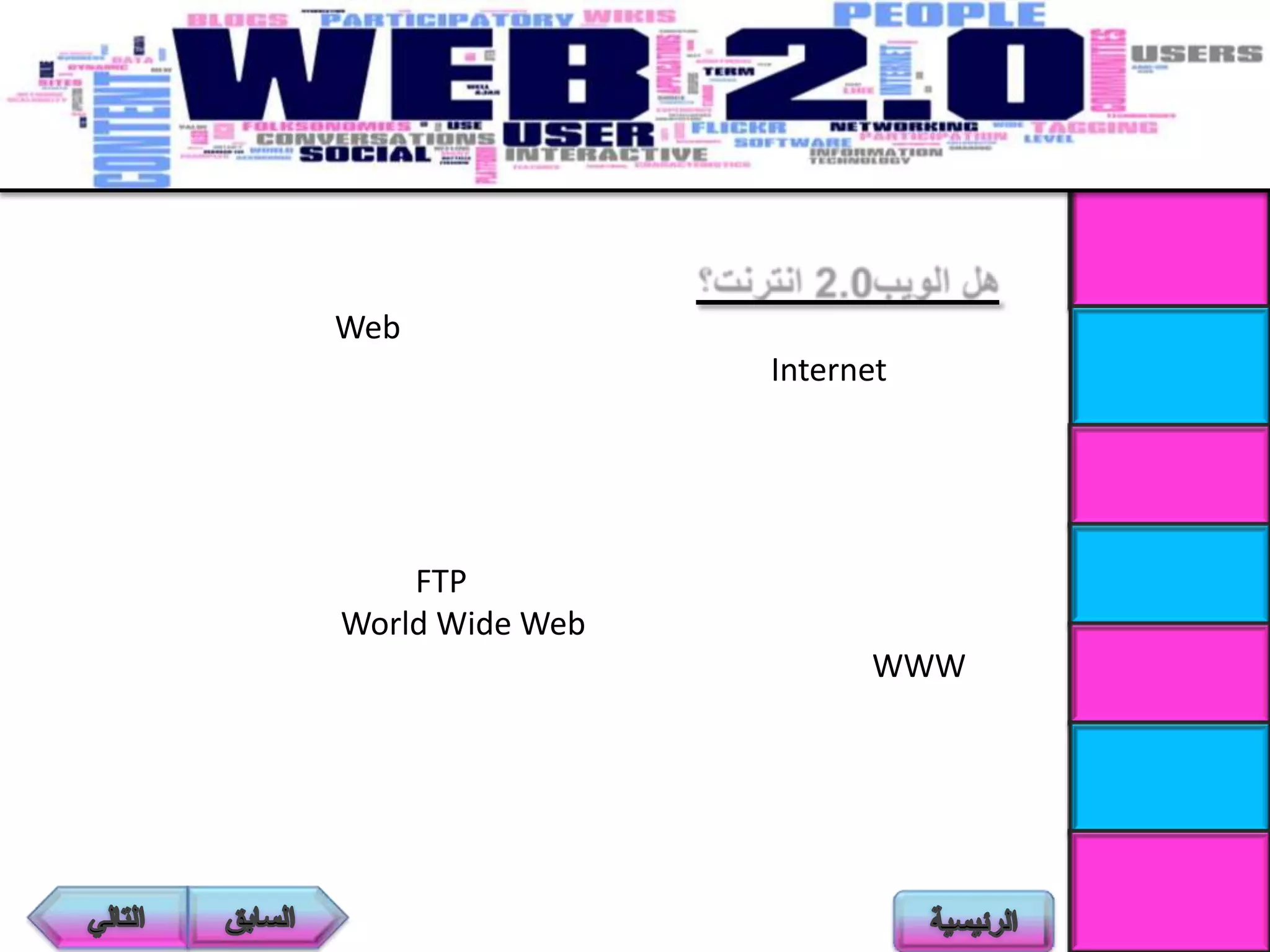 Web
Internet
FTP
World Wide Web
WWW