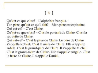 [ Ɛ ]
Qu’est-ce que c’est? – L’alphabet français.
Ton père, qu’est-ce qu’il fait? – Mon père est capitaine.
Qui est-ce? – C’est Claire.
Qu’est-ce que c’est? – C’est le portrait de Claire. C’est la
raquette de Claire.
Qui est-ce? – C’est le père de Claire. Le père de Claire
s’appelle Robert. C’est la mère de Claire. Elle s’appelle
Adèle. C’est le grand-père de Claire. Il s’appelle Michel.
C’est la grand-mère de Claire. Elle s’appelle Angèle. C’est
le frère de Claire. Il s’appelle Daniel.
 