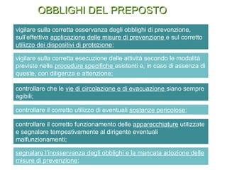 OBBLIGHI DEL PREPOSTOOBBLIGHI DEL PREPOSTO
vigilare sulla corretta osservanza degli obblighi di prevenzione,
sull’effettiva applicazione delle misure di prevenzione e sul corretto
utilizzo dei dispositivi di protezione;
vigilare sulla corretta esecuzione delle attività secondo le modalità
previste nelle procedure specifiche esistenti e, in caso di assenza di
queste, con diligenza e attenzione;
controllare che le vie di circolazione e di evacuazione siano sempre
agibili;
controllare il corretto funzionamento delle apparecchiature utilizzate
e segnalare tempestivamente al dirigente eventuali
malfunzionamenti;
controllare il corretto utilizzo di eventuali sostanze pericolose;
segnalare l’inosservanza degli obblighi e la mancata adozione delle
misure di prevenzione;
 