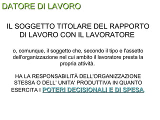 DATORE DI LAVORODATORE DI LAVORO
IL SOGGETTO TITOLARE DEL RAPPORTO
DI LAVORO CON IL LAVORATORE
o, comunque, il soggetto che, secondo il tipo e l'assetto
dell'organizzazione nel cui ambito il lavoratore presta la
propria attività.
HA LA RESPONSABILITÀ DELL'ORGANIZZAZIONE
STESSA O DELL’ UNITA' PRODUTTIVA IN QUANTO
ESERCITA I POTERI DECISIONALI E DI SPESAPOTERI DECISIONALI E DI SPESA.
 
