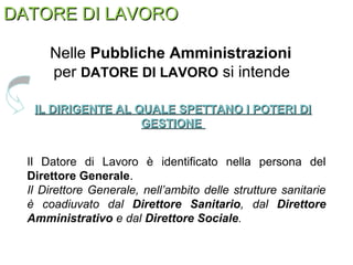 Nelle Pubbliche Amministrazioni
per DATORE DI LAVORO si intende
IL DIRIGENTE AL QUALE SPETTANO I POTERI DIIL DIRIGENTE AL QUALE SPETTANO I POTERI DI
GESTIONEGESTIONE
DATORE DI LAVORODATORE DI LAVORO
Il Datore di Lavoro è identificato nella persona del
Direttore Generale.
Il Direttore Generale, nell’ambito delle strutture sanitarie
è coadiuvato dal Direttore Sanitario, dal Direttore
Amministrativo e dal Direttore Sociale.
 
