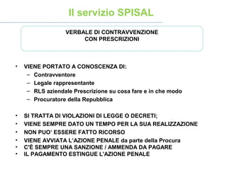 • VIENE PORTATO A CONOSCENZA DI:
– Contravventore
– Legale rappresentante
– RLS aziendale Prescrizione su cosa fare e in che modo
– Procuratore della Repubblica
• SI TRATTA DI VIOLAZIONI DI LEGGE O DECRETI;
• VIENE SEMPRE DATO UN TEMPO PER LA SUA REALIZZAZIONE
• NON PUO’ ESSERE FATTO RICORSO
• VIENE AVVIATA L’AZIONE PENALE da parte della Procura
• C'È SEMPRE UNA SANZIONE / AMMENDA DA PAGARE
• IL PAGAMENTO ESTINGUE L'AZIONE PENALE
VERBALE DI CONTRAVVENZIONE
CON PRESCRIZIONI
Il servizio SPISAL
 