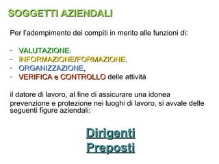 SOGGETTI AZIENDALISOGGETTI AZIENDALI
Per l’adempimento dei compiti in merito alle funzioni di:
- VALUTAZIONEVALUTAZIONE,
- INFORMAZIONE/FORMAZIONEINFORMAZIONE/FORMAZIONE,
- ORGANIZZAZIONEORGANIZZAZIONE,,
- VERIFICA e CONTROLLOVERIFICA e CONTROLLO delle attività
il datore di lavoro, al fine di assicurare una idonea
prevenzione e protezione nei luoghi di lavoro, si avvale delle
seguenti figure aziendali:
DirigentiDirigenti
PrepostiPreposti
 
