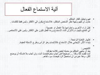 •‫المتكلم‬ ‫أفكار‬ ‫وتحليل‬ ‫فهم‬:
‫يكون‬ ‫فاالستماع‬ ، ‫المتكلم‬ ‫الشخص‬ ‫نظر‬ ‫وجهة‬ ‫تفهم‬ ‫أن‬ ‫حاول‬‫الى‬‫لل‬ ‫فقط‬ ‫وليس‬ ‫األفكار‬‫كلمات‬.
•‫انفعال‬ ‫بال‬ ‫واحترامها‬ ‫اآلخرين‬ ‫آراء‬ ‫تقبل‬‫او‬‫عصبية‬:
‫ا‬ ‫غلى‬ ‫وليس‬ ‫األفكار‬ ‫على‬ ‫تكون‬ ‫الفعل‬ ‫وردة‬ ‫االستماع‬ ‫أثناء‬ ‫واالتزان‬ ‫بالهدوء‬ ‫التمتع‬ ‫أي‬‫ألشخاص‬.
•‫اظهار‬‫الراجعة‬ ‫التغذية‬:
‫وطرح‬ ‫الرأس‬ ‫وهز‬ ‫،كاالبتسام‬ ‫االستماع‬ ‫خالل‬ ‫اإليجابي‬ ‫األثر‬ ‫بإبداء‬‫االسئلة‬‫المفيدة‬.
•
‫التلخيص‬:
‫بقولك‬ ‫كالمه‬ ‫لخص‬ ‫حديثه‬ ‫من‬ ‫المتكلم‬ ‫ينتهي‬ ‫أن‬ ‫بعد‬:
‫وكذا‬ ‫كذا‬ ‫تقصد‬ ‫أنت‬….‫يو‬ ‫أن‬ ‫فاسأله‬ ‫بال‬ ‫أجاب‬ ‫وإن‬ ،‫أنت‬ ‫فتحدث‬ ‫بنعم‬ ‫أجاب‬ ‫فإن‬ ‫صحيح؟‬‫ضح‬
‫وهذا‬ ،‫أكثر‬‫خيرمن‬‫تفاهم‬ ‫سوء‬ ‫فيحدث‬ ‫الرد‬ ‫تستعجل‬ ‫أن‬.
‫الفعال‬ ‫االستماع‬ ‫آلية‬
 