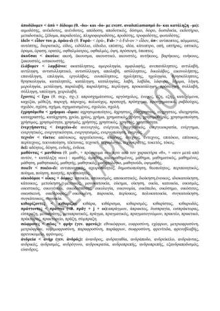 ἀποδίδομεν < ἀπὸ + δίδωμι (θ. -δω- και -δο- με ενεστ. αναδιπλασιασμό δι- και κατάληξη –μι):
αιμοδότης, ανέκδοτος, ανένδοτος, απόδοση, αποδοτικός, δόσιμο, δώρο, δωσιδικία, εκδοτήριο,
μεταδοτικός, ξέδομα, παραδοτέος, πληροφοριοδότης, προδότης, τροφοδότης, φωτοδότης.
ἰδεῖν < εἶδον του ρ. ὁράω-ῶ (θ. Fορά- < ὁρά-, Fιδ- > ἐ-Fιδ-ον > εἶδον, ὀπ-: ανύποπτος, αόμματος,
αυτόπτης, διορατικός, είδος, ειδύλλιο, είδωλο, επόπτης, ιδέα, κάτοπτρο, οπή, οπτήρας, οπτικός,
όραμα, όραση, ορατός, οφθαλμίατρος, οφθαλμός, όψη, πρόσοψη, ύποπτος.
ἀκοῦσαι < ἀκούω: ακοή, άκουσμα, ακουστικό, ακουστός, αυτήκοος, βαρήκοος, ευήκοος,
ξακουστός, ωτακουστής.
ἐλάβομεν < λαμβάνω: ακατάληπτος, αμεροληψία, αμφιλαφής, ανεπανάληπτος, αντιλαβή,
αντίληψη, αντισυλληπτικό, αντισύλληψη, απολαβή, ασύλληπτος, δικολάβος, εικονολήπτης,
επανάληψη, επιληψία, εργολάβος, ευυπόληπτος, ηχολήπτης, ηχοληψία, θρησκόληπτος,
θρησκοληψία, καταληπτός, κατάληψη, καταληψίας, λαβή, λαβίδα, λάφυρο, λήμμα, λήψη,
μεροληψία, μετάληψη, παραλαβή, παραλήπτης, περίληψη, προκατάληψη, πρόσληψη, συλλαβή,
σύλληψη, υπόληψη, χειρολαβή.
ἔχοντες < ἔχω (θ. σεχ-, σχ-,): απροσχημάτιστος, αργόσχολος, ένοχος, έξη, εξής, κατεχόμενα,
καχεξία, μέθεξη, παροχή, πάροχος, πολιούχος, προσοχή, πρόσχημα, προσχηματικά, ραβδούχος,
σχεδόν, σχέση, σχήμα, σχηματισμένος, σχολείο, σχολή.
ἐχρησάμεθα < χρήομαι -ῶμαι: αχρησιμοποίητος, άχρηστος, δύσχρηστος, εύχρηστος, ιδιοχρησία,
καταχραστής, κατάχρηση, χρεία, χρέος, χρήμα, χρηματικός, χρήση, χρησιμοθήρας, χρησιμοποίηση,
χρήσιμος, χρησιμότητα, χρησμός, χρήστης, χρηστικός, χρηστός, χρηστότητα.
ἐνεργήσαντες < ἐνεργέω-ῶ: ανενεργός, ενέργεια, ενεργειακός, ενεργειοκρατία, ενέργημα,
ενεργητικός, ενεργητικότητα, ενεργητισμός, ενεργοποίηση, ενεργός.
τεχνῶν < τίκτω: απότοκος, αρχιτέκτονας, άτεκνος, άτεχνος, έντεχνος, επιτόκιο, επίτοκος,
περίτεχνος, τεκνοποίηση, τέκτονας, τεχνική, τεχνολογία, τεχνοκράτης, τοκετός, τόκος.
δεῖ: αδέητος, δέηση, ενδεής, ένδεια.
μαθόντας < μανθάνω (θ. μαθ-, + πρόσφυμα «ν» πριν από τον χαρακτήρα «θ», + «αν» μετά από
αυτόν, + κατάληξη «ω») : αμαθής, άμαθος, καλομαθημένος, μάθημα, μαθηματικός, μαθημένος,
μάθηση, μαθησιακός, μαθητής, μαθητικός, μαθητολόγιο, μαθητούδι, οψιμαθής.
ποιεῖν < ποιέω-ῶ: αντιποιητικός, αχειροποίητος, δημοσιοποίηση, θεοποίητος, περιποιητικός,
ποίημα, ποίηση, ποιητής, προσποιητός.
οἰκοδόμοι < οἶκος + δόμος: αποικία, αποικισμός, αποικιστικός, διοίκηση,ένοικος, ιδιοκατοίκηση,
κάτοικος, μετοίκηση, μέτοικος, μονοκατοικία, οίκημα, οίκηση, οικία, κατοικία, οικισμός,
οικιστικός, οικογένεια, οικοδεσπότης, οικολογία, οικονομία, οικόπεδο, οικόσημο, οικόσιτος,
οικοσκευή, οικότροφος, οικουμένη, παροικία, περίοικος, πολυκατοικία, συγκατοίκηση,
συγκάτοικος, συνοικία.
κιθαρίζοντες < κιθαρίζω: κιθάρα, κιθάρισμα, κιθαρισμός, κιθαρίστας, κιθαρωδός.
πράττοντες < πράττω (<θ. πρᾱγ + j + ω):απράγμων, άπρακτος, δυσπραγία, εισπράκτορας,
είσπραξη, μεταπράτης, μεταπρατικός, πράγμα, πραγματικός, πραγματογνώμων, πρακτέο, πρακτικό,
πράκτορας, πρακτορείο, πράξη, σύμπραξη.
σώφρονες < σῶος + φρὴν (γεν. φρενός): εθνικόφρων, ευφροσύνη, εχέφρων, μετριοφροσύνη,
μετριόφρων, νομιμοφροσύνη, παραφροσύνη, παράφρων, σωφροσύνη, φρενίτιδα, φρενοβλαβής,
φρενοκομείο, φρόνιμος.
ἀνδρεία < ἀνὴρ (γεν. ἀνδρός): άνανδρος, ανδραγαθία, ανδράποδο, ανδρείκελο, ανδριάντας,
ανδρικός, ανδρισμός, ανδρόγυνο, ανδροκρατία, ανδροπρεπής, ανδροπρεπής, εξανδραποδισμός,
εύανδρος.
 
