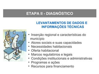 LEVANTAMENTOS DE DADOS E
INFORMAÇÕES TÉCNICAS
• Inserção regional e características do
município
• Atores sociais e suas capacidades
• Necessidades habitacionais
• Oferta habitacional
• Marcos regulatórios e legais
• Condições institucionais e administrativas
• Programas e ações
• Recursos para financiamento
ETAPA II - DIAGNÓSTICO
 