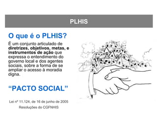 O que é o PLHIS?
É um conjunto articulado de
diretrizes, objetivos, metas, e
instrumentos de ação que
expressa o entendimento do
governo local e dos agentes
sociais, sobre a forma de se
ampliar o acesso à moradia
digna.
“PACTO SOCIAL”
Lei nº 11.124, de 16 de junho de 2005
Resoluções do CGFNHIS
PLHIS
 