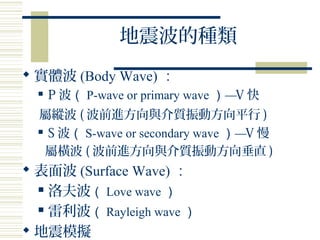 𲨵ķN
? w (Body Wave) 
? P  P-wave or primary wave V 
ٿv ( ǰMc|ӷƽ )
? S  S-wave or secondary wave V 
ٙM ( ǰMc|ӷֱ )
? 沨 (Surface Wave) 
? 򲨣 Love wave 
?  Rayleigh wave 
? ģM
 