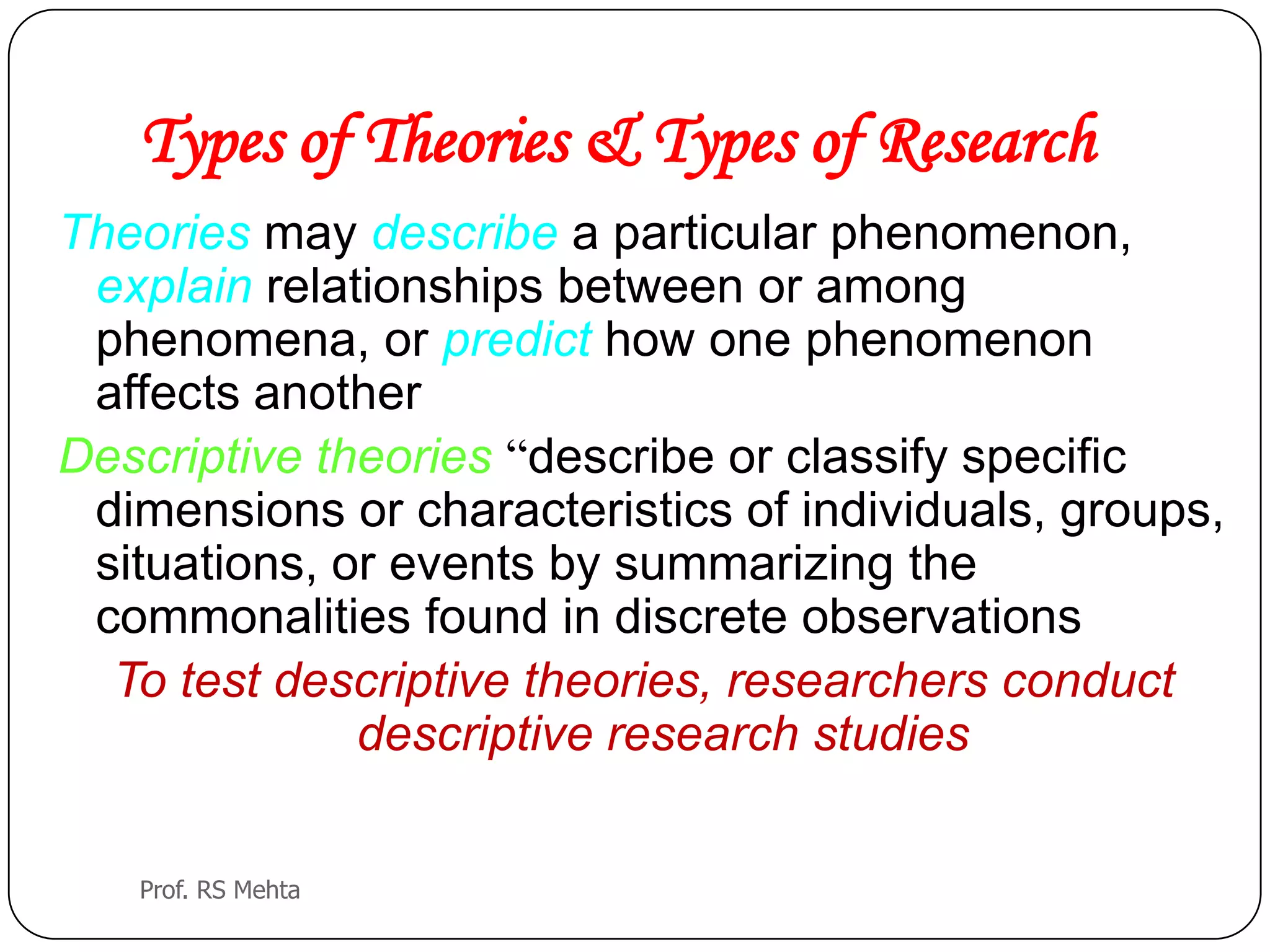 Types of Theories & Types of Research
Theories may describe a particular phenomenon,
explain relationships between or among
phenomena, or predict how one phenomenon
affects another
Descriptive theories “describe or classify specific
dimensions or characteristics of individuals, groups,
situations, or events by summarizing the
commonalities found in discrete observations
To test descriptive theories, researchers conduct
descriptive research studies
Prof. RS Mehta
 
