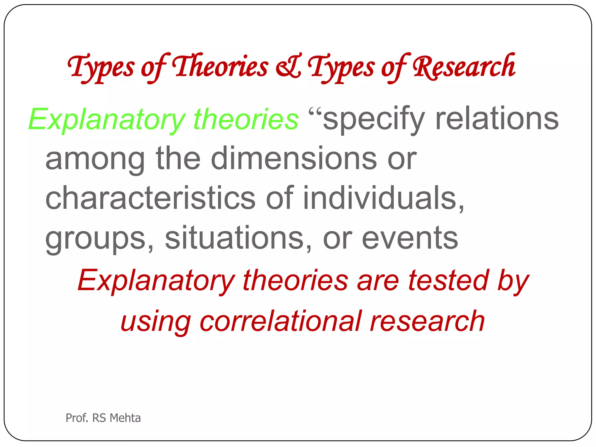Types of Theories & Types of Research
Explanatory theories “specify relations
among the dimensions or
characteristics of individuals,
groups, situations, or events
Explanatory theories are tested by
using correlational research
Prof. RS Mehta
 