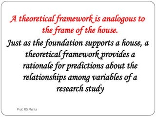 A theoretical framework is analogous to
the frame of the house.
Just as the foundation supports a house, a
theoretical framework provides a
rationale for predictions about the
relationships among variables of a
research study
Prof. RS Mehta
 