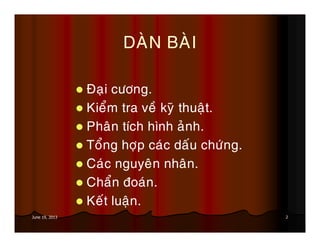 2June 19, 2013
DAØN BAØI
Ñaïi cöông.
Kieåm tra veà kyõ thuaät.
Phaân tích hình aûnh.
Toång hôïp caùc daáu chöùng.
Caùc nguyeân nhaân.
Chaån ñoaùn.
Keát luaän.
 