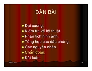 56June 19, 2013
DAØN BAØI
Ñaïi cöông.
Kieåm tra veà kyõ thuaät.
Phaân tích hình aûnh.
Toång hôïp caùc daáu chöùng.
Caùc nguyeân nhaân.
Chaån ñoaùn.
Keát luaän.
 