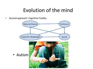 Evolution of the mind
• Second approach: Cognitive Fluidity
Linguistic (language) Social
TechnicalNatural history
• Autism
 