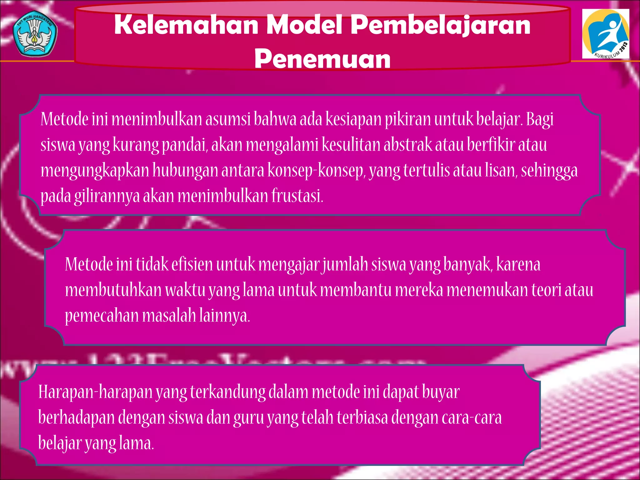 Kelemahan Model Pembelajaran
Penemuan
Metodeinimenimbulkanasumsibahwaadakesiapanpikiranuntukbelajar.Bagi
siswayangkurangpandai,akanmengalamikesulitanabstrakatauberfikiratau
mengungkapkanhubunganantarakonsep-konsep,yangtertulisataulisan,sehingga
padagilirannyaakanmenimbulkanfrustasi.
Metodeinitidakefisienuntukmengajarjumlahsiswayangbanyak,karena
membutuhkanwaktuyanglamauntukmembantumerekamenemukanteoriatau
pemecahanmasalahlainnya.
Harapan-harapanyangterkandungdalammetodeinidapatbuyar
berhadapandengansiswadanguruyangtelahterbiasadengancara-cara
belajaryanglama.
 
