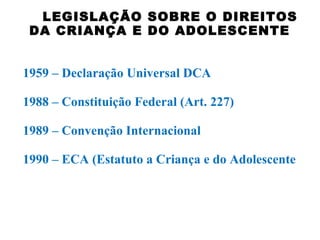 LEGISLAÇÃO SOBRE O DIREITOS
DA CRIANÇA E DO ADOLESCENTE

1959 – Declaração Universal DCA

1988 – Constituição Federal (Art. 227)

1989 – Convenção Internacional

1990 – ECA (Estatuto a Criança e do Adolescente
 