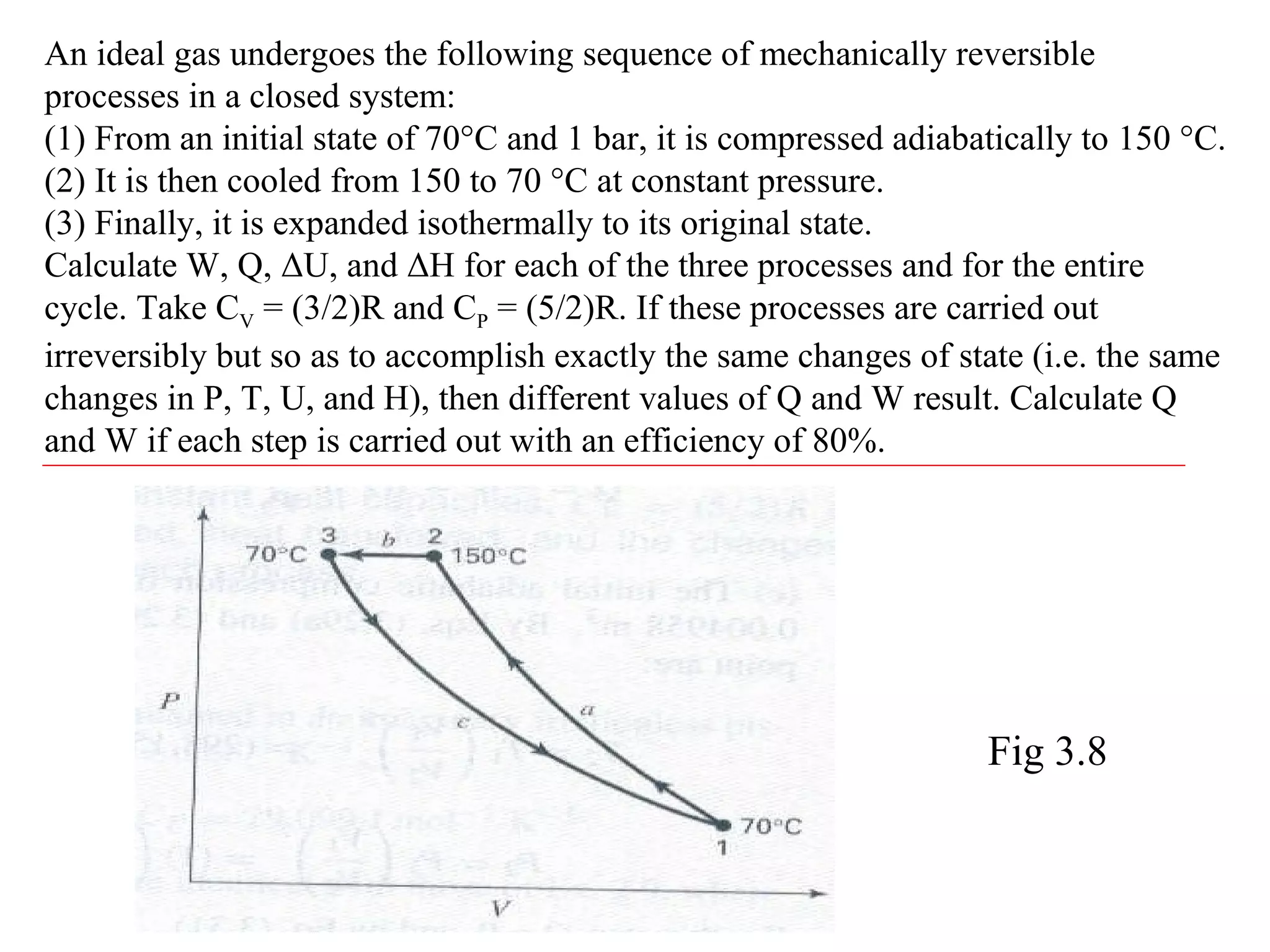 An ideal gas undergoes the following sequence of mechanically reversible
processes in a closed system:
(1) From an initial state of 70°C and 1 bar, it is compressed adiabatically to 150 °C.
(2) It is then cooled from 150 to 70 °C at constant pressure.
(3) Finally, it is expanded isothermally to its original state.
Calculate W, Q, ΔU, and ΔH for each of the three processes and for the entire
cycle. Take CV = (3/2)R and CP = (5/2)R. If these processes are carried out
irreversibly but so as to accomplish exactly the same changes of state (i.e. the same
changes in P, T, U, and H), then different values of Q and W result. Calculate Q
and W if each step is carried out with an efficiency of 80%.
Fig 3.8
 