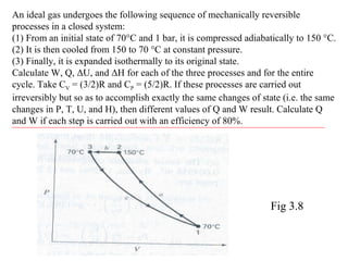 An ideal gas undergoes the following sequence of mechanically reversible
processes in a closed system:
(1) From an initial state of 70°C and 1 bar, it is compressed adiabatically to 150 °C.
(2) It is then cooled from 150 to 70 °C at constant pressure.
(3) Finally, it is expanded isothermally to its original state.
Calculate W, Q, ΔU, and ΔH for each of the three processes and for the entire
cycle. Take CV = (3/2)R and CP = (5/2)R. If these processes are carried out
irreversibly but so as to accomplish exactly the same changes of state (i.e. the same
changes in P, T, U, and H), then different values of Q and W result. Calculate Q
and W if each step is carried out with an efficiency of 80%.
Fig 3.8
 