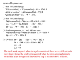 Irreversible processes:
(1) For 80% efficiency:
W(irreversible) = W(reversible) / 0.8 = 1248 J
ΔU(irreversible) = ΔU(reversible) = 998 J
Q(irreversible) = ΔU – W = -250 J
(2) For 80% efficiency:
(3) Isotherm process, ΔU and ΔH are zero:
W(irreversible) = W(reversible) / 0.8 = 831 J
ΔU = CVΔT = 12.471(70 – 150) = -998 J
Q = ΔU – W = -998 – 831 = -1829 J
Q = -250 – 1829 + 1196 = -883 J
W = 1248 + 831 – 1196 = 883 J
ΔU = 0
ΔH = 0
(4) Overall:
W(irreversible) = W(reversible) x 0.8 = -1196 J
Q = ΔU – W = 1196 J
The total work required when the cycle consists of three irreversible steps is
more than 5 times the total work required when the steps are mechanically
reversible, even though each irreversible step is assumed 80% efficient.
 