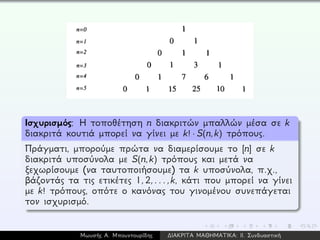Ισχυρισμός: Η τοποθέτηση n διακριτών μπαλλών μέσα σε k
διακριτά κουτιά μπορεί να γίνει με k! · S(n,k) τρόπους.
Πράγματι, μπορούμε πρώτα να διαμερίσουμε το [n] σε k
διακριτά υποσύνολα με S(n,k) τρόπους και μετά να
ξεχωρίσουμε (να ταυτοποιήσουμε) τα k υποσύνολα, π.χ.,
βάζοντάς τα τις ετικέτες 1,2,...,k, κάτι που μπορεί να γίνει
με k! τρόπους, οπότε ο κανόνας του γινομένου συνεπάγεται
τον ισχυρισμό.
Μωυσής Α. Μπουντουρίδης ∆ΙΑΚΡΙΤΑ ΜΑΘΗΜΑΤΙΚΑ: ΙΙ. Συνδυαστική
 