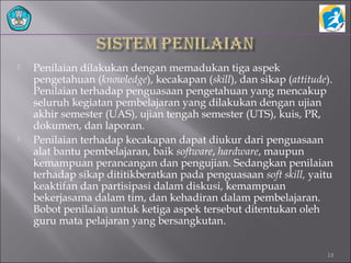  Penilaian dilakukan dengan memadukan tiga aspek
pengetahuan (knowledge), kecakapan (skill), dan sikap (attitude).
Penilaian terhadap penguasaan pengetahuan yang mencakup
seluruh kegiatan pembelajaran yang dilakukan dengan ujian
akhir semester (UAS), ujian tengah semester (UTS), kuis, PR,
dokumen, dan laporan.
 Penilaian terhadap kecakapan dapat diukur dari penguasaan
alat bantu pembelajaran, baik software, hardware, maupun
kemampuan perancangan dan pengujian. Sedangkan penilaian
terhadap sikap dititikberatkan pada penguasaan soft skill, yaitu
keaktifan dan partisipasi dalam diskusi, kemampuan
bekerjasama dalam tim, dan kehadiran dalam pembelajaran.
Bobot penilaian untuk ketiga aspek tersebut ditentukan oleh
guru mata pelajaran yang bersangkutan.
13
 