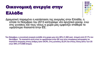 Οικονομική ανεργία στην
Ελλάδα
Γξακαηηθή παξακέλεη ε θαηάζηαζε ηεο αλεξγίαο ζηελ Διιάδα, ε
νπνία ην Ννέκβξην ηνπ 2013 θαηέγξαςε λέν αξλεηηθό ξεθόξ, ελώ
ζηηο γπλαίθεο θαη ηνπο λένπο ε ρώξα καο εκθαλίδεη ζηαζεξά ηα
πςειόηεξα πνζνζηά ζηελ ΔΔ.
Σνλ Ννέκβξην, ε ζπλνιηθή αλεξγία αλήιζε ζηε ρώξα καο ζην 28% (1,382 εθαη. άηνκα) από 27,7% ηνλ
Οθηώβξην . Σν πνζνζηό απηό είλαη ην πςειόηεξν ζηελ ΔΔ ελώ ζηηο επηκέξνπο θαηεγνξίεο ην
πνζνζηό αλεξγίαο ζηνπο άλδξεο ήηαλ 24,9%, ζηηο γπλαίθεο 32,2% θαη ζηνπο λένπο θάησ ησλ 25
εηώλ 59% (173.000 άηνκα).
 