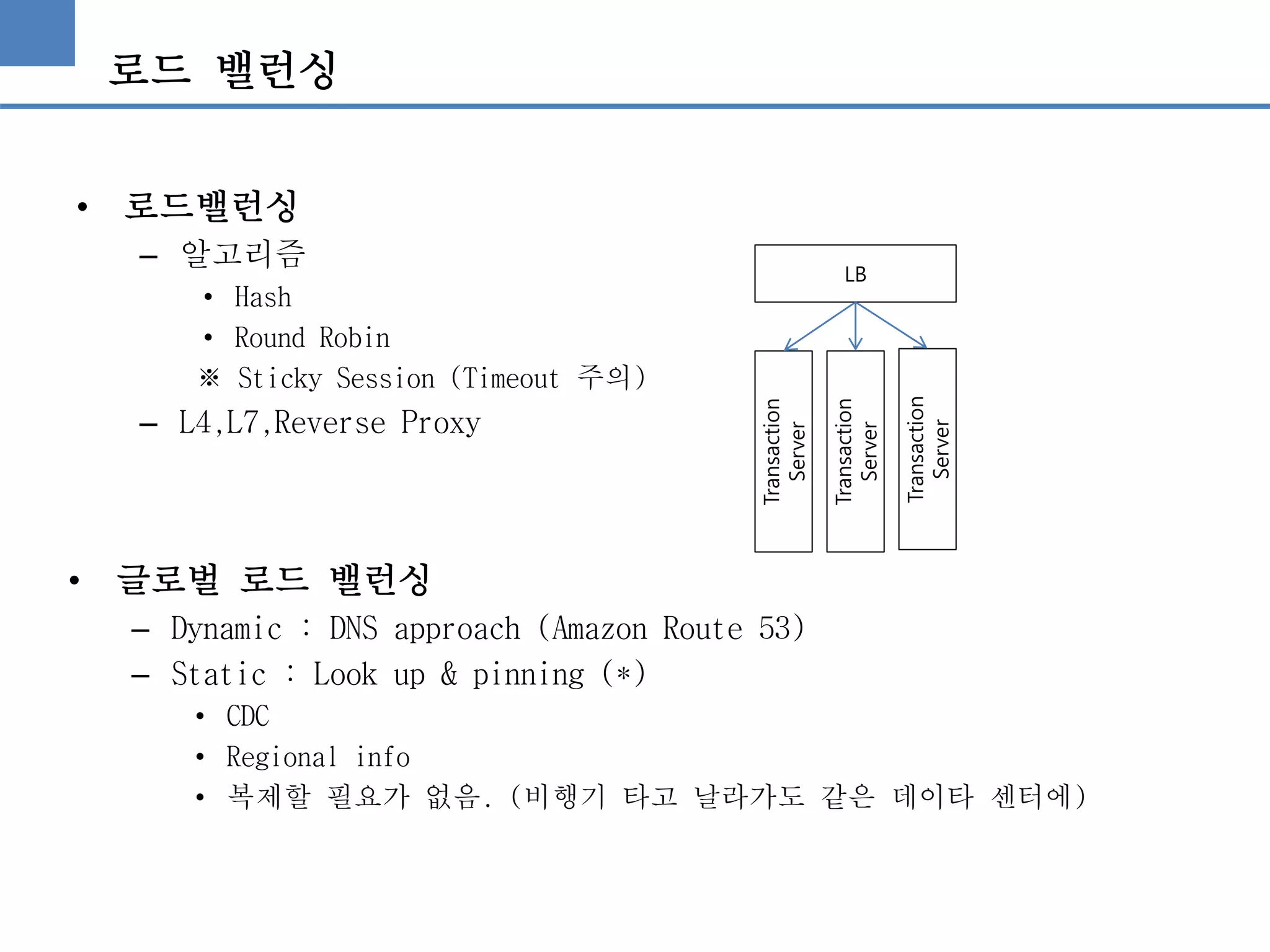 로드 밸런싱
• 로드밸런싱
– 알고리즘
• Hash
• Round Robin
※ Sticky Session (Timeout 주의)
– L4,L7,Reverse Proxy
• 글로벌 로드 밸런싱
– Dynamic : DNS approach (Amazon Route 53)
– Static : Look up & pinning (*)
• CDC
• Regional info
• 복제할 필요가 없음. (비행기 타고 날라가도 같은 데이타 센터에)
LB
Transaction
Server
Transaction
Server
Transaction
Server
 
