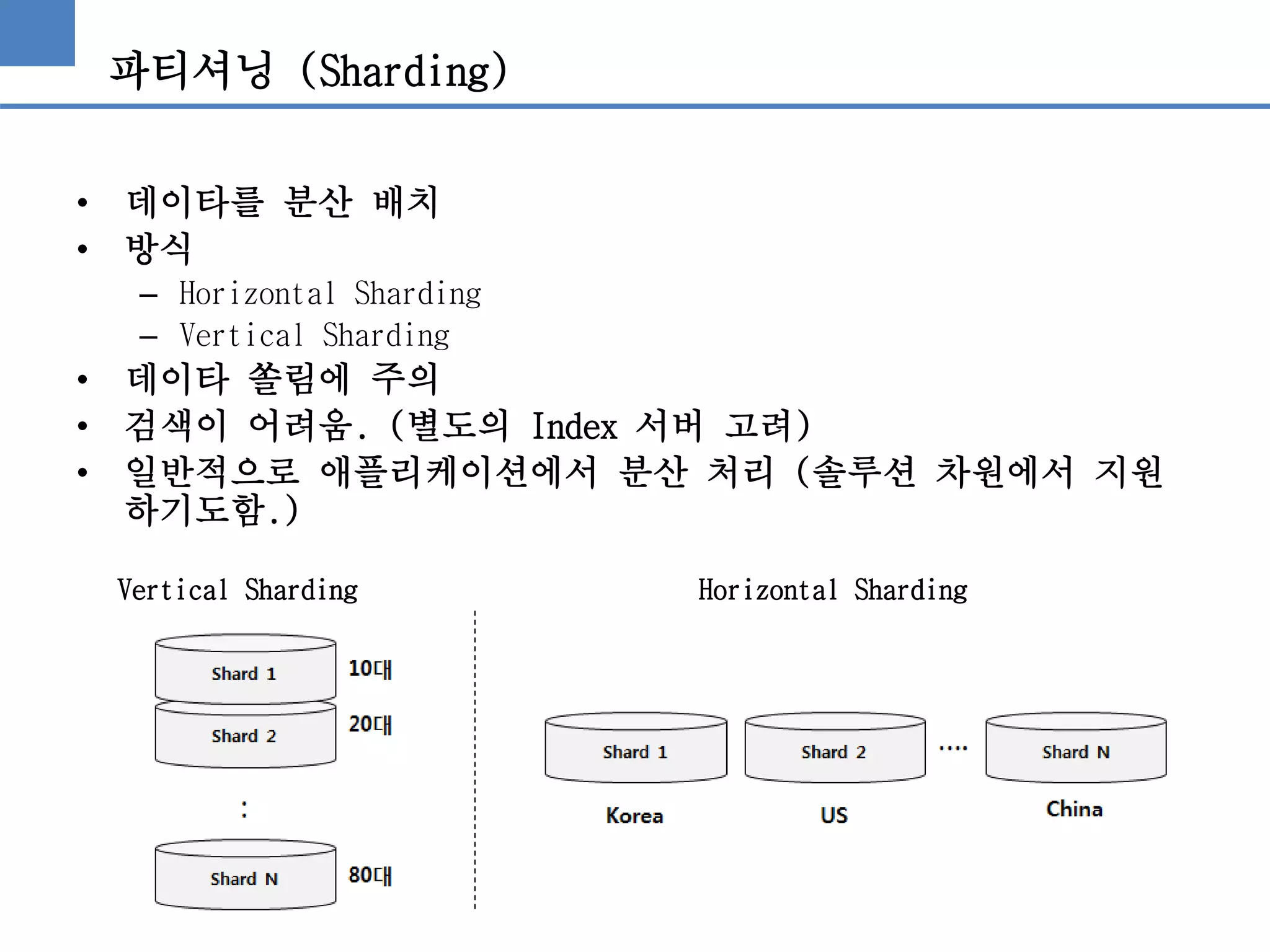 파티셔닝 (Sharding)
• 데이타를 분산 배치
• 방식
– Horizontal Sharding
– Vertical Sharding
• 데이타 쏠림에 주의
• 검색이 어려움. (별도의 Index 서버 고려)
• 일반적으로 애플리케이션에서 분산 처리 (솔루션 차원에서 지원
하기도함.)
Vertical Sharding Horizontal Sharding
 