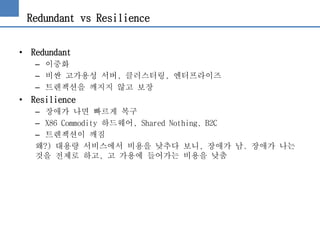 Redundant vs Resilience
• Redundant
– 이중화
– 비싼 고가용성 서버, 클러스터링, 엔터프라이즈
– 트렌젝션을 깨지지 않고 보장
• Resilience
– 장애가 나면 빠르게 복구
– X86 Commodity 하드웨어, Shared Nothing, B2C
– 트렌젝션이 깨짐
왜?) 대용량 서비스에서 비용을 낮추다 보니, 장애가 남. 장애가 나는
것을 전제로 하고, 고 가용에 들어가는 비용을 낮춤
 