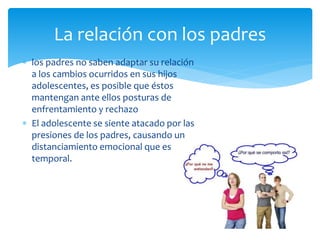  los padres no saben adaptar su relación
a los cambios ocurridos en sus hijos
adolescentes, es posible que éstos
mantengan ante ellos posturas de
enfrentamiento y rechazo
 El adolescente se siente atacado por las
presiones de los padres, causando un
distanciamiento emocional que es
temporal.
La relación con los padres
 