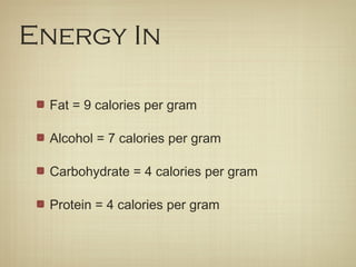 Energy In
Fat = 9 calories per gram
Alcohol = 7 calories per gram
Carbohydrate = 4 calories per gram
Protein = 4 calories per gram
 