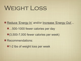 Weight Loss
Reduce ‘Energy In’ and/or Increase ‘Energy Out’...
…500-1000 fewer calories per day
(3,500-7,000 fewer calories per week)
Recommendations:
1-2 lbs of weight loss per week
 